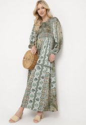 Zielona Sukienka w Stylu Boho z Rozkloszowanym Dołem i Bufiastymi Rękawami Ertiana. Zielone sukienki damskie Born2be, bez wzorów, z materiału, boho, bez ramiączek. W wyprzedaży za 135.99 zł.