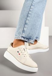 Beżowe Skórzane Sneakersy z Perforacją Halovienna. Brązowe obuwie sportowe damskie Renee, na lato, z jeansu, bez zapięcia. Za 159.99 zł.