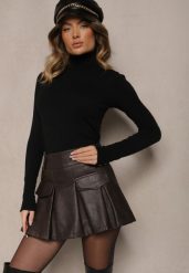 Czarne Spódnico-Szorty High Waist z Ekoskóry Ozdobione Imitacją Kieszeni Silezi. Brązowe szorty damskie Renee, bez wzorów, z podwyższonym stanem. Za 99.99 zł.