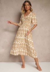 Ciemnobeżowa Sukienka Boho Rozkloszowana z Wiskozy z Odkrytymi Plecami Tuvria. Brązowe sukienki damskie Renee, bez wzorów, z wiskozy, boho, bez ramiączek. W wyprzedaży za 55.99 zł.