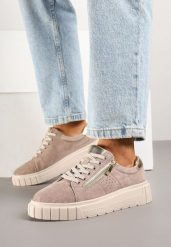 Beżowe Sneakersy Skórzane na Platformie z Ozdobnym Suwakiem i Perforacją Niliria. Brązowe obuwie sportowe damskie Renee, z materiału, bez zapięcia. Za 169.99 zł.