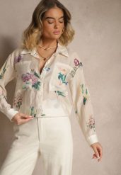 Beżowa Koszula w Kwiaty z Dodatkiem Wiskozy z Kieszonkami Polliliana. Brązowe koszule damskie Renee, l, bez wzorów, z jeansu, eleganckie, bez kołnierzyka, bez ramiączek. Za 99.99 zł.