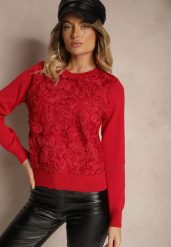 Czerwony Sweter z Wiskozą Ozdobiony Aplikacjami z Siateczki Harilia. Czerwone swetry klasyczne damskie Renee, z jeansu, bez kołnierzyka. Za 129.99 zł.