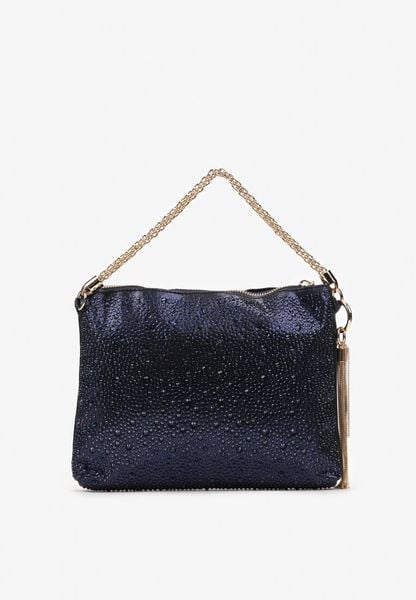 Niebieska Torebka z Materiału Ozdobionego Cyrkoniami i z Rączką z Frędzlami Korella. Niebieskie torebki klasyczne damskie Renee, bez dodatków. Za 99.99 zł.