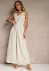 Jasnobeżowy Kombinezon o Taliowanym Kroju z Wiskozą i Paskiem Raliorea. Brązowe sukienki damskie Renee, bez wzorów, z wiskozy, eleganckie, bez ramiączek. W wyprzedaży za 135.99 zł.