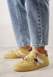 Żółte Sneakersy w Stylu Tenisówek z Koralikami Charnara. Żółte obuwie sportowe damskie Born2be, z dresówki, bez zapięcia, tenisowe. Za 89.99 zł.