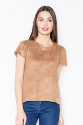 Brązowa Prosta Zamszowa Bluzka z Przeszyciami. Brązowe bluzki damskie Figl, l, bez wzorów, z elastanu, bez kołnierzyka, bez ramiączek. Za 169.00 zł.