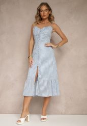 Niebieska Rozkloszowana Sukienka z Wiskozą na Cienkich Ramiączkach z Guzikami Efrisela. Niebieskie sukienki damskie Renee, bez wzorów, z wiskozy, eleganckie, bez ramiączek. W wyprzedaży za 91.99 zł.