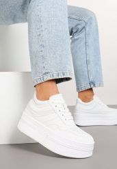 Białe Sneakersy Vices na Platformie z Tłoczonym Napisem ze Sznurowaniem Eanneth. Białe obuwie sportowe damskie Renee, bez zapięcia, trekkingowe. Za 99.99 zł.