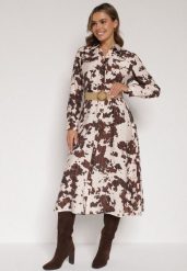 Brązowa Koszulowa Sukienka z Wiskozą w Krowie Łaty z Paskiem Domumbria. Brązowe sukienki damskie Born2be, bez wzorów, z wiskozy, bez ramiączek. Za 129.99 zł.