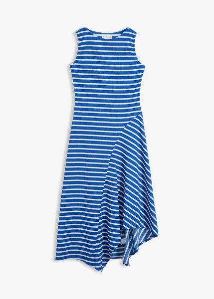 Długa sukienka z asymetrycznym dołem. Niebieskie sukienki damskie bonprix, bez wzorów, z dżerseju, bez ramiączek. Za 34.99 zł.