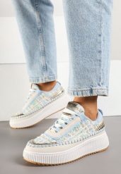 Biało-Niebieskie Sneakersy z Tweedowymi Zdobieniami i Przeszyciami na Platformie Ulandrelia. Białe obuwie sportowe damskie Renee, bez zapięcia. Za 99.99 zł.
