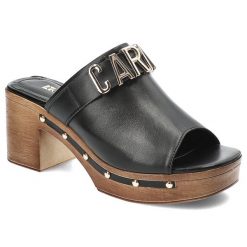 Czarne Klapki Carinii Eleganckie Chodaki Damskie. Czarne klapki damskie Carinii, bez wzorów, ze skóry, bez obcasa, na obcasie, bez zapięcia. Za 419.00 zł.