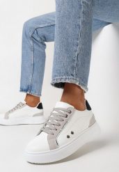 Biało-Szare Sneakersy przed Kostkę na Grubej Podeszwie z Metalicznymi Wstawkami Aglimria. Białe obuwie sportowe damskie Born2be, przed kostkę, bez zapięcia. Za 89.99 zł.