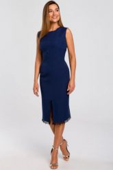 Elegancka sukienka ołówkowa midi rozcięcie na dole i koronka granatowa. Sukienki damskie Sukienki.shop, bez wzorów, z elastanu, biznesowe, bez ramiączek. Za 249.00 zł.