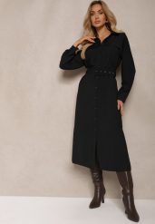 Czarna Sukienka Koszulowa o Rozkloszowanym Kroju z Paskiem i Kieszeniami z Klapami Rinnisa. Czarne sukienki damskie Renee, bez wzorów, eleganckie, bez ramiączek. W wyprzedaży za 99.99 zł.