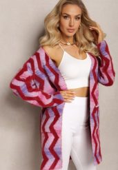 Jasnofioletowy Luźny Kardigan Niezapinany w Geometryczny Print Sheshy. Fioletowe kardigany damskie Renee, bez wzorów, z dzianiny. Za 119.99 zł.