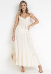 Beżowa Sukienka Xeraios. Brązowe sukienki damskie Born2be, bez wzorów, z koronki, eleganckie, bez ramiączek. W wyprzedaży za 101.99 zł.