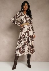 Brązowa Sukienka z Wiskozą o Koszulowym Kroju z Paskiem w Krowie Łaty Carlitia. Brązowe sukienki damskie Renee, bez wzorów, z wiskozy, bez ramiączek. Za 139.99 zł.