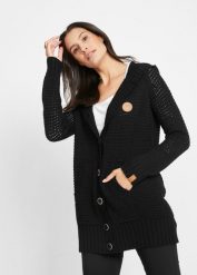 Sweter rozpinany z kapturem. Czarne kardigany damskie bonprix, bez wzorów, ze skóry. Za 124.99 zł.
