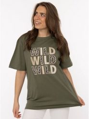 Zwillingsherz Koszulka "Wild Wild Wild" w kolorze khaki rozmiar: M. Brązowe koszulki damskie Zwillingsherz, m, bez wzorów, z bawełny, bez kołnierzyka, bez ramiączek. Za 82.99 zł.