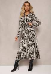 Beżowo-Czarna Koszulowa Sukienka Maxi w Geometryczny Print Gelismi. Brązowe sukienki damskie Renee, bez wzorów, z materiału, bez ramiączek. W wyprzedaży za 151.99 zł.