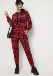 Czerwony Komplet Dresowy z Bluzą z Kapturem i Spodniami Jogger w Graficzny Print Vesila. Czerwone bluzy damskie Born2be, bez wzorów, z dresówki, z kapturem. Za 119.99 zł.
