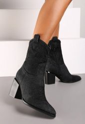 Czarne Botki Typu Kowbojki na Słupku z Przeszywanymi Detalami Laorielle. Czarne botki damskie Renee, z jeansu, boho, bez obcasa, na obcasie, bez zapięcia. Za 149.99 zł.