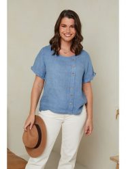 Curvy Lady Lniana koszulka w kolorze niebieskim rozmiar: 40/42. Niebieskie bluzki damskie Curvy Lady, bez wzorów, ze lnu, bez kołnierzyka, bez ramiączek. Za 109.78 zł.