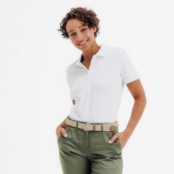 Koszulka polo do golfa z krótkim rękawem damska Inesis MW500. Białe koszulki damskie INESIS, m, bez wzorów, z bawełny, bez kołnierzyka, bez ramiączek. Za 59.99 zł.