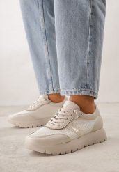 Beżowe Sneakersy na Grubej Podeszwie ze Skórzaną Wkładką i Napisem Airarge. Brązowe obuwie sportowe damskie Born2be, bez zapięcia. Za 119.99 zł.