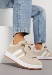 Beżowo-Białe Sneakersy na Niskiej Platformie z Naszywkami Flordexia. Brązowe obuwie sportowe damskie Renee, z jeansu, bez zapięcia. Za 79.99 zł.