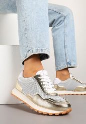 Złote Sneakersy Skórzane Ozdobione Geometrycznym Motywem Wibessa. Żółte obuwie sportowe damskie Renee, bez zapięcia. Za 189.99 zł.
