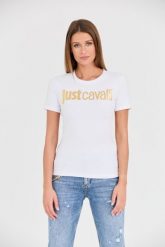 JUST CAVALLI Biały t-shirt Logo Gold. Białe t-shirty damskie Just Cavalli, s, bez wzorów, bez kołnierzyka. W wyprzedaży za 239.99 zł.