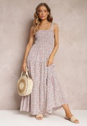 Jasnobeżowa Rozkloszowana Sukienka w Kwiaty na Ramiączkach Malaisia. Brązowe sukienki damskie Renee, bez wzorów, eleganckie, bez ramiączek. W wyprzedaży za 62.99 zł.