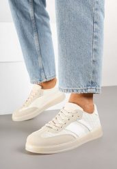 Beżowe Sneakersy Tenisówki z Geometrycznym Wzorem Eleamila. Brązowe obuwie sportowe damskie Born2be, z jeansu, bez zapięcia, tenisowe. Za 89.99 zł.