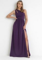 Ciemnofioletowa Sukienka Maxi Na Jedno Ramię z Rozcięciem na Dole Jasminta. Fioletowe sukienki damskie Born2be, bez wzorów, eleganckie, bez ramiączek. W wyprzedaży za 144.49 zł.