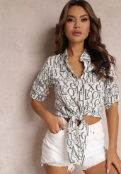 Biała Koszula Wzorzysta z Wiązaniem Kristell. Białe koszule damskie Renee, l, bez wzorów, z jeansu, eleganckie, bez kołnierzyka, bez ramiączek. Za 49.99 zł.