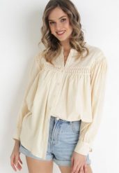 Beżowa Bawełniana Koszula z Przeszyciami na Ramionach Umika. Brązowe koszule damskie Born2be, m, bez wzorów, z bawełny, bez kołnierzyka, bez ramiączek. Za 69.99 zł.