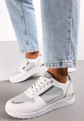 Białe Płaskie Sneakersy Sznurowane z Brokatowymi Wstawkami Raflia. Białe obuwie sportowe damskie Renee, bez zapięcia. Za 74.99 zł.