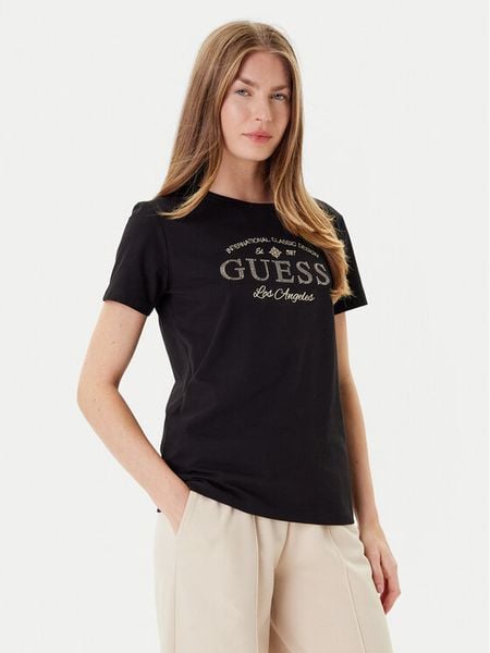 Guess T-Shirt V5YI13 J1314 Czarny Regular Fit. Czarne t-shirty damskie Guess, m, z aplikacjami, z bawełny, bez kołnierzyka. Za 89.99 zł.