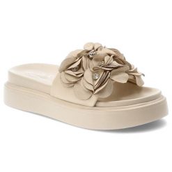 Klapki damskie S.Barski, cholewka ze skóry ekologicznej wsuwane z przodu ozdobne kwiaty, beżowe, MR61-9015. Brązowe klapki damskie S.BARSKI, bez wzorów, ze skóry ekologicznej, bez obcasa, bez zapięcia. Za 169.00 zł.