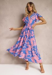 Niebiesko-Różowa Kopertowa Plisowana Sukienka Koktajlowa z Gumką i Paskiem w Talii Benelsea. Niebieskie sukienki damskie Renee, bez wzorów, z materiału, eleganckie, bez ramiączek. W wyprzedaży za 75.99 zł.