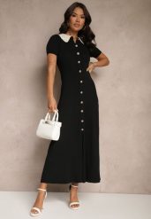 Czarna Wiskozowa Sukienka Rozkloszowana Retro z Guzikami i Kołnierzem Ardival. Czarne sukienki damskie Renee, z aplikacjami, z materiału, eleganckie, bez ramiączek. W wyprzedaży za 143.99 zł.