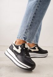 Czarne Sneakersy na Platformie z Tweedowym Zdobieniem i Perforacją Dioseleia. Czarne obuwie sportowe damskie Renee, z jeansu, bez zapięcia. Za 109.99 zł.