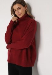 Bordowy Golf w Klasycznym Stylu Linagela. Czerwone golfy damskie Born2be, bez wzorów, z jeansu, bez ramiączek. Za 89.99 zł.