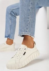 Beżowe Skórzane Sneakersy na Platformie Peuria. Brązowe obuwie sportowe damskie Born2be, ze skóry, bez zapięcia. Za 189.99 zł.