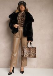Ciemnobeżowe Szerokie Spodnie High Waist z Imitacji Skóry Narlemi. Brązowe spodnie materiałowe damskie Renee, bez wzorów, z bawełny. Za 49.99 zł.