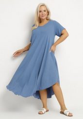 Niebieska Rozkloszowana Sukienka z Bawełną Elzedia. Niebieskie sukienki damskie Born2be, bez wzorów, z bawełny, eleganckie, bez ramiączek. Za 99.99 zł.