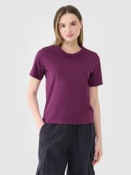 4F T-shirt regular gładki damski - fioletowy XS. Fioletowe t-shirty damskie 4F, xs, bez wzorów, z bawełny, bez kołnierzyka. W wyprzedaży za 29.99 zł.
